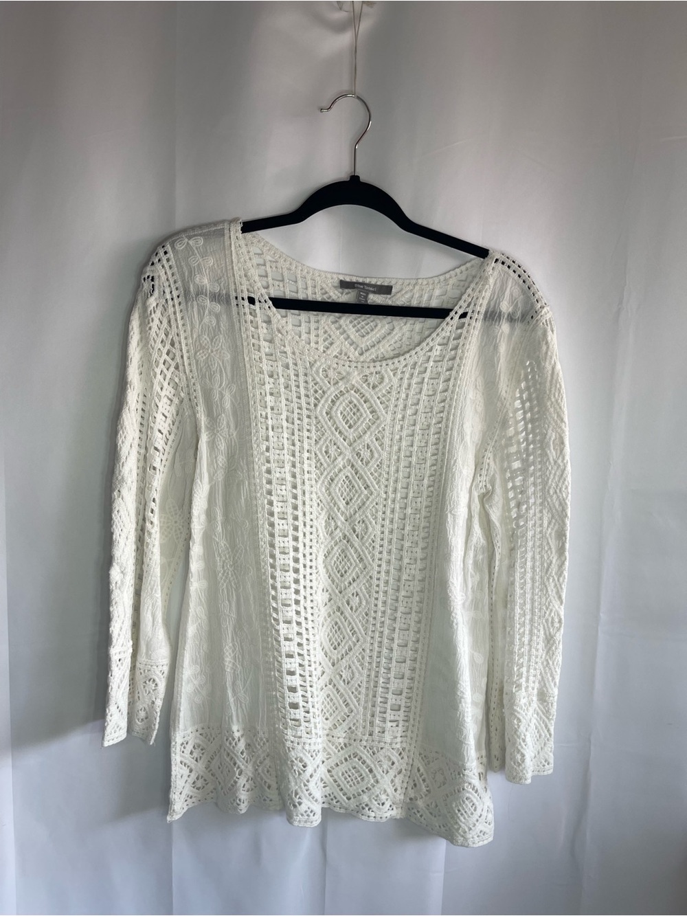 Women’s White Crochet Knit Long-Sleeve Blouse